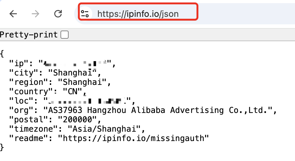 浏览器访问 ipinfo.io 的结果