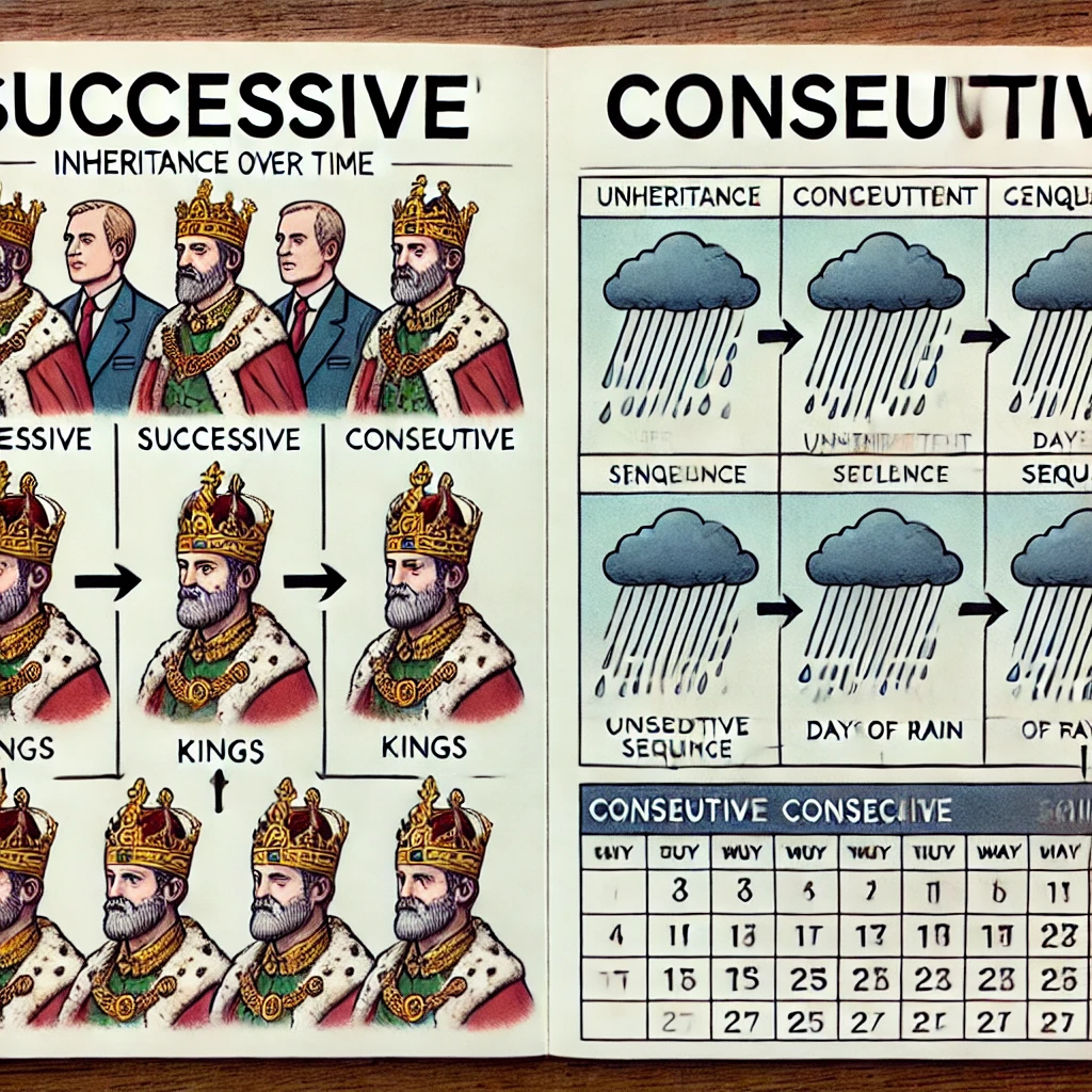 皇位相继(successive)传承 和 连续不断的(consecutive)雨天